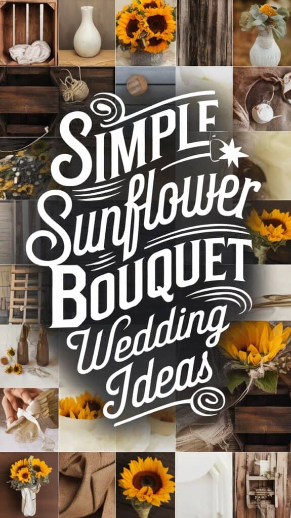Collage of sunflower bouquets and rustic decor around the text "Simple Sunflower Bouquet Wedding Ideas."