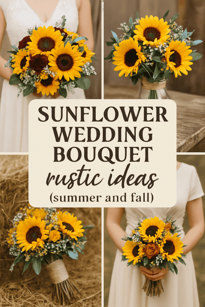 A collage of sunflower wedding bouquets with rustic elements, featuring a central text about rustic ideas for summer and fall.
