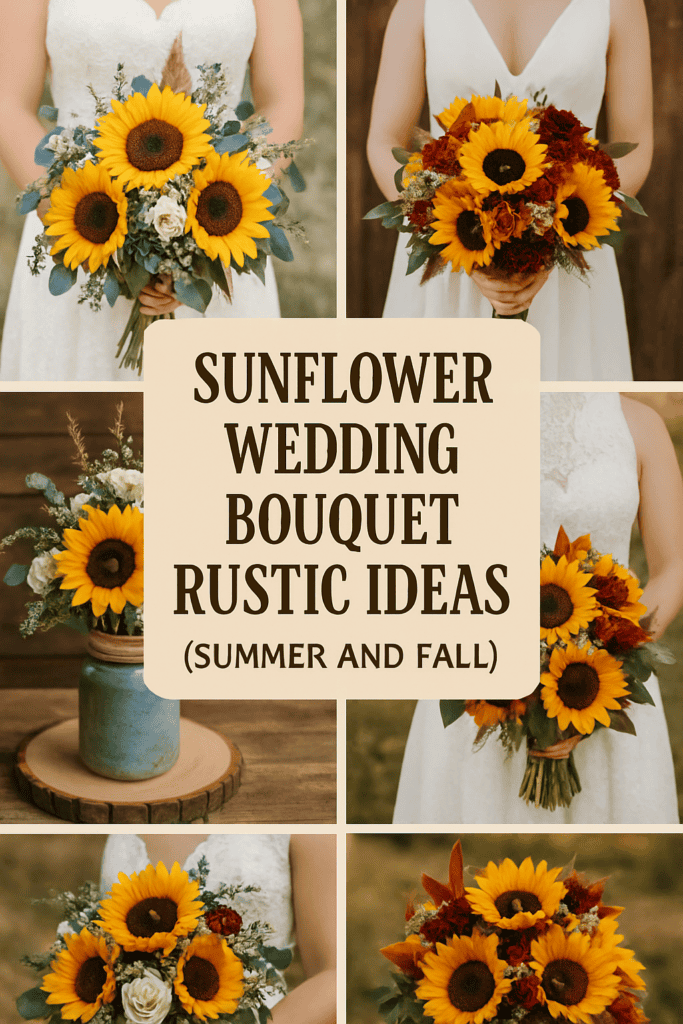 Collage of sunflower wedding bouquets with “Sunflower Wedding Bouquet Rustic Ideas (Summer and Fall)” text in the center.
