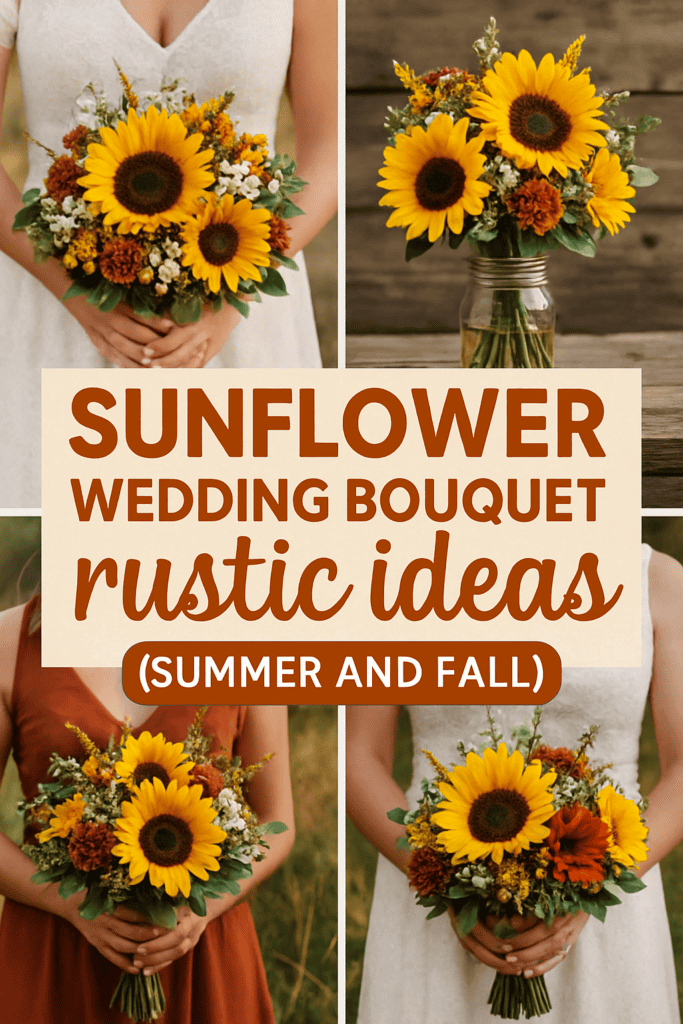 Collage of sunflower wedding bouquets with text: "Sunflower Wedding Bouquet Rustic Ideas (Summer and Fall)."
