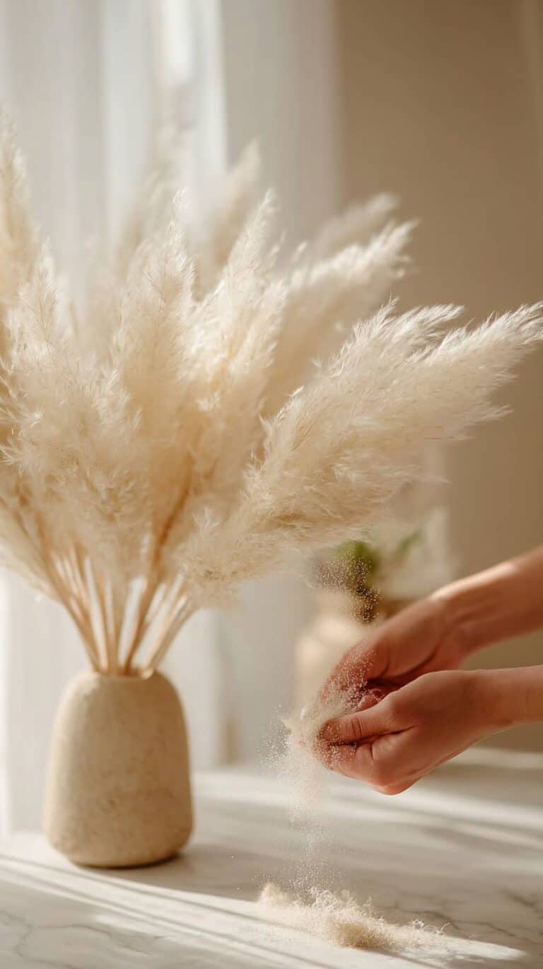 Hands gently arranging fluffy pampas grass in a beige vase on a marble surface.
