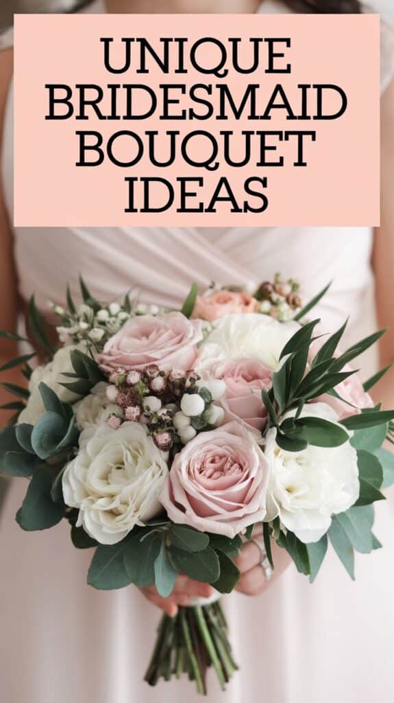 A bridesmaid holds a bouquet of pink and white roses with greenery, under text reading, "Unique Bridesmaid Bouquet Ideas."
