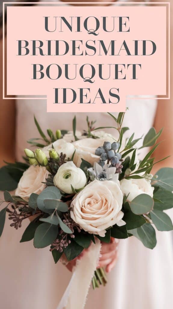 Bride holding a bouquet of roses, eucalyptus, and berries, with text "Unique Bridesmaid Bouquet Ideas" above.