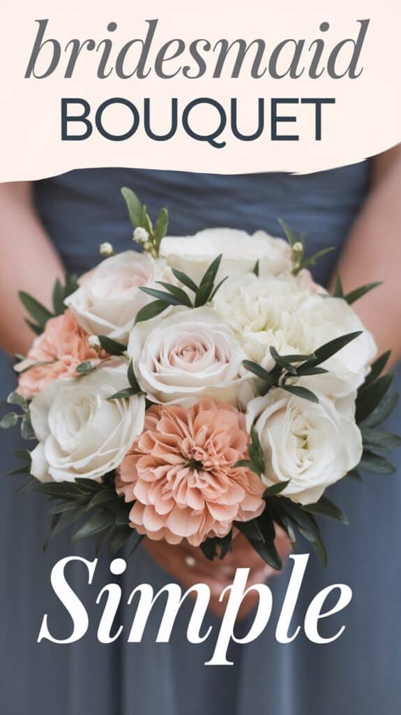 A person in a gray dress holds a bouquet of white and peach roses with the text "bridesmaid bouquet" and "simple."