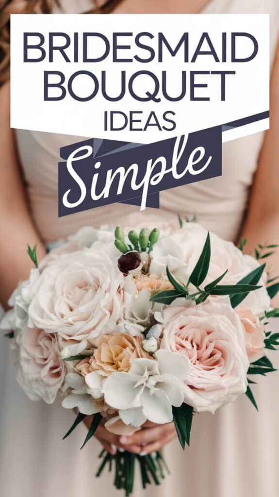 A bridesmaid holding a bouquet of pink and white flowers with a graphic text overlay reading "Bridesmaid Bouquet Ideas Simple."