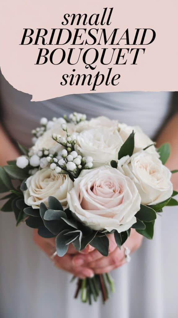 A person holding a small bouquet of white and pale pink roses with green leaves, under text reading "small BRIDESMAID BOUQUET simple."