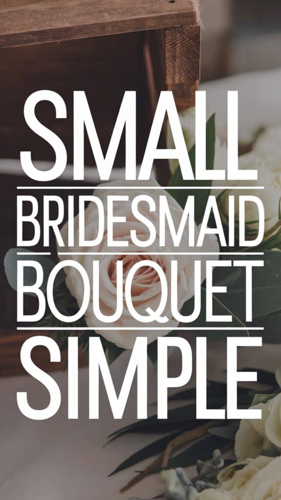 The text "Small Bridesmaid Bouquet Simple" overlays an image of a bouquet with white and blush flowers.