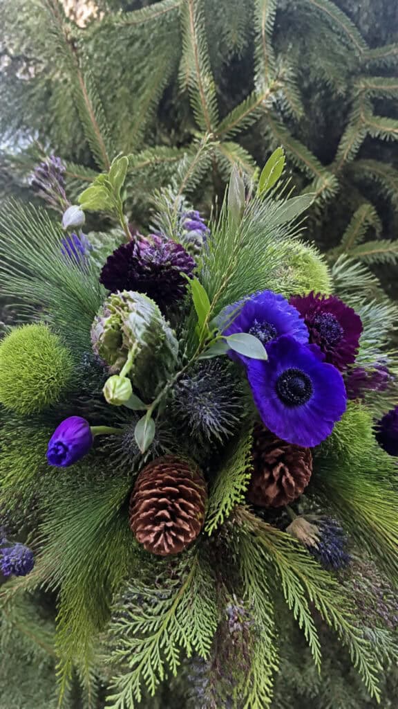 Jewel-Toned Blooms With Pine and Winter Greenery