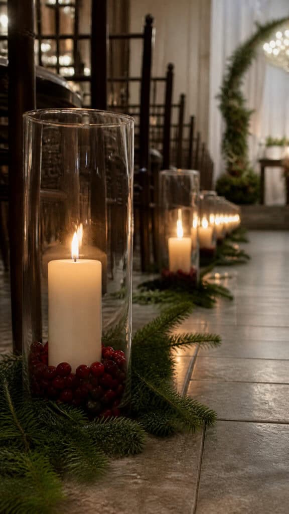 Candlelit Pathway with Cranberry and Greenery Accents
