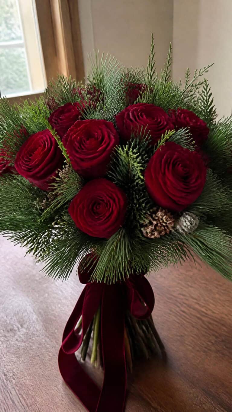 Classic Red Roses with Evergreen Accents