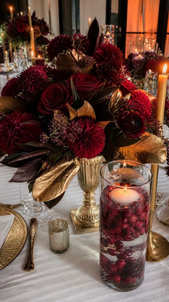 Cranberry and Gold Floral Displays