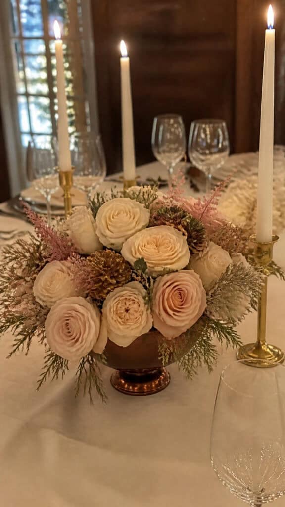 Gilded Pinecone and Champagne Rose Arrangements