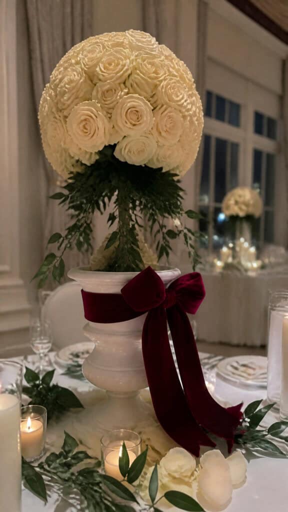 Red Velvet Ribbon and Ivory Rose Topiaries