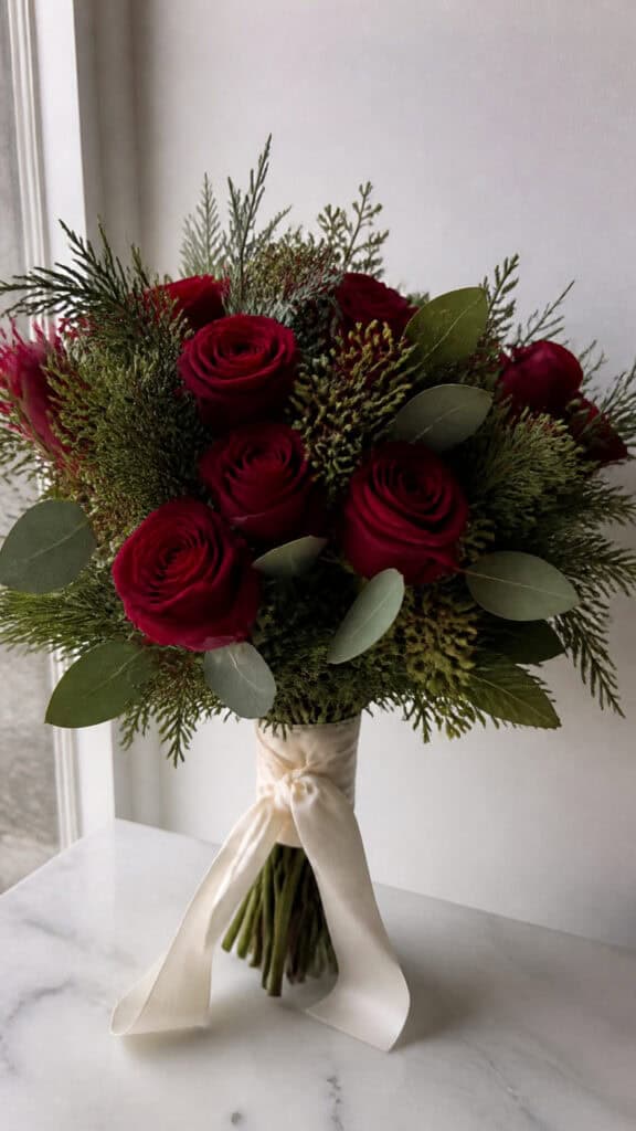 Classic Red Roses with Winter Greenery