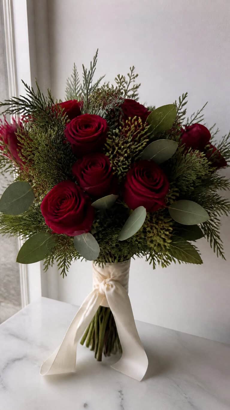 Classic Red Roses with Winter Greenery