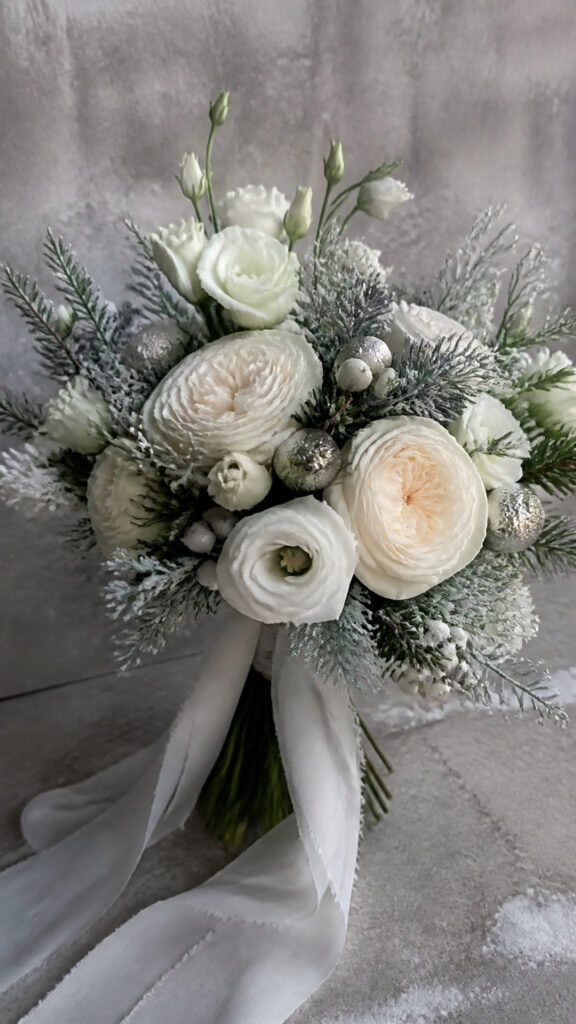 Frosted Evergreen and White Blooms