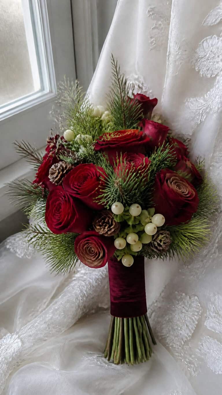 Classic Red Roses with Evergreen Accents