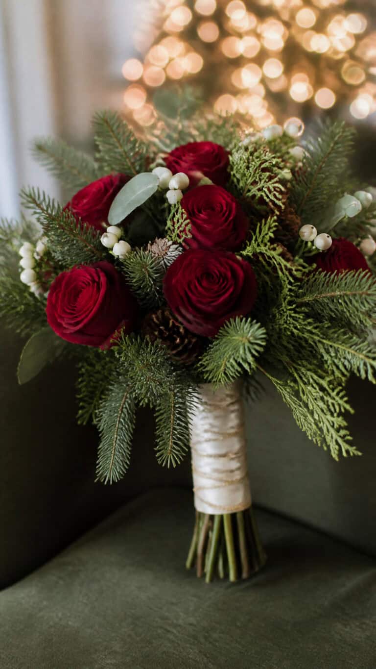 Classic Red Roses with Winter Greenery