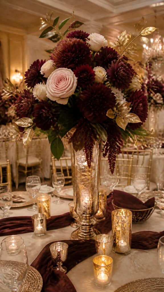 Glamorous Gold and Burgundy Floral Displays