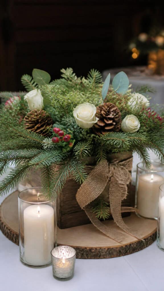 Rustic Christmas Centerpieces with Evergreens and Berries