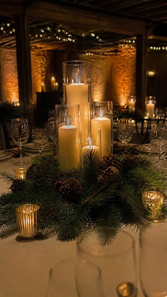 Classic Candlelit Elegance with Evergreen Arrangements