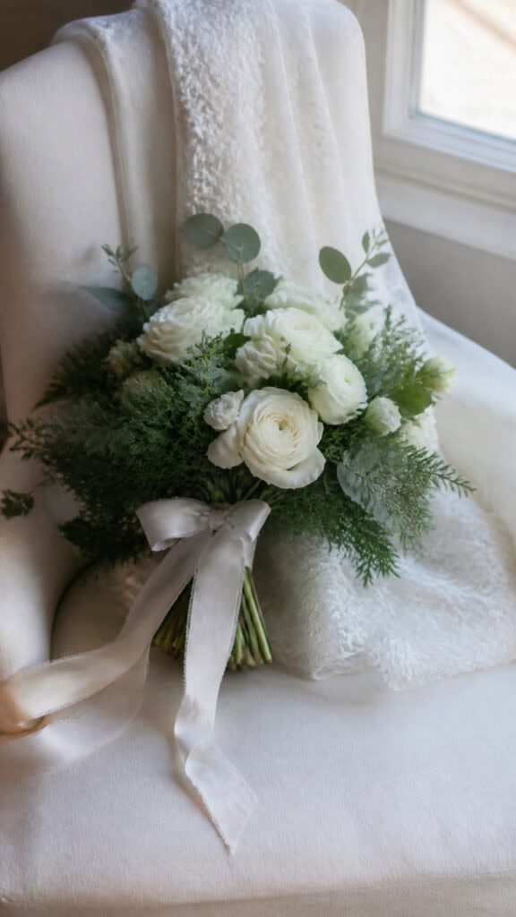 Stunning Bridal Bouquet Ideas with Green and White Christmas Wedding Flowers