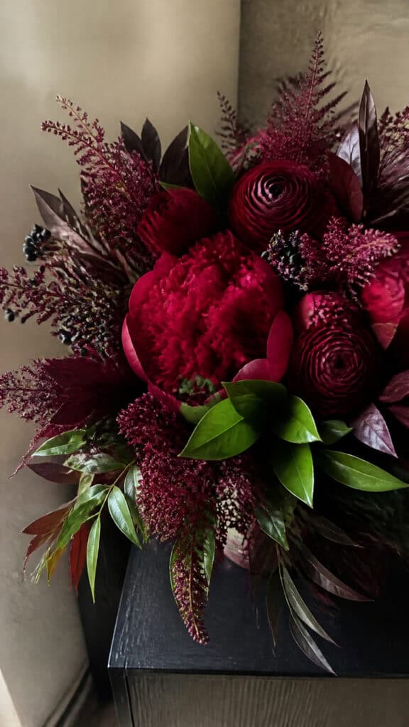 Burgundy Peony and Ranunculus Winter Garden Bouquet