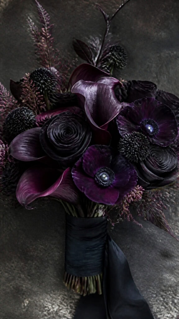 Deep Purple and Black Floral Bouquet with Textured Accents