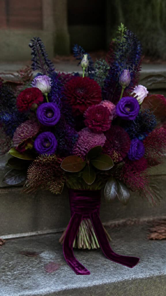 Jewel-Toned Mixed Bloom Bouquet with Velvet Ribbon