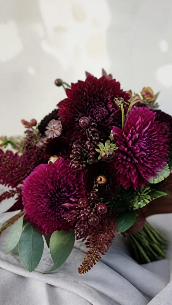 Rich Plum Dahlia and Berry Bouquet
