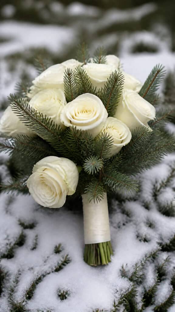 Classic White Roses with Evergreen Accents