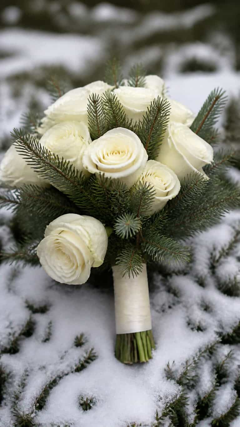 Classic White Roses with Evergreen Accents