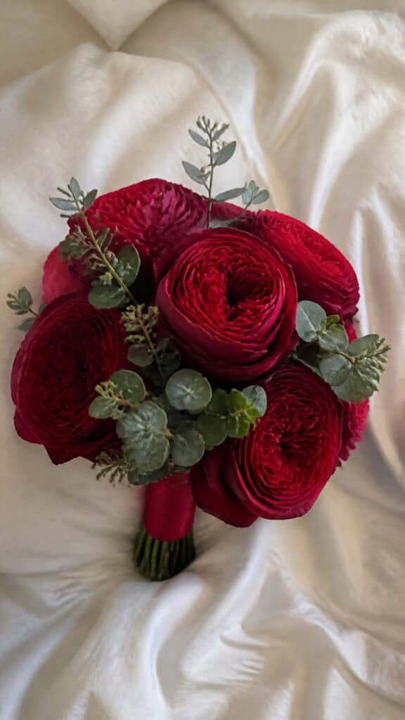 Deep Red Garden Roses with Seeded Eucalyptus