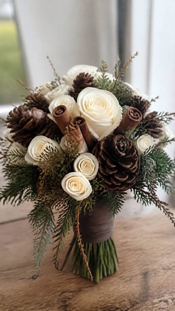 Ivory Spray Roses with Pinecones and Cinnamon Sticks