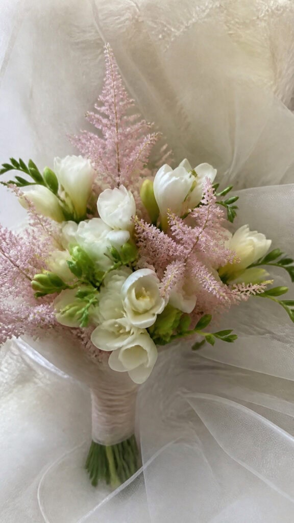 Pale Pink Astilbe with White Freesia