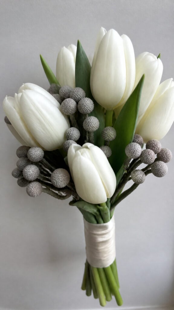 White Tulips with Silver Brunia Berries