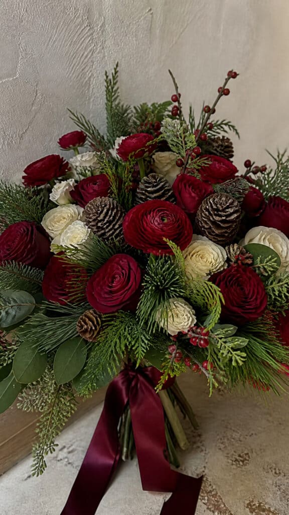 Cranberry Red with Winter Greenery