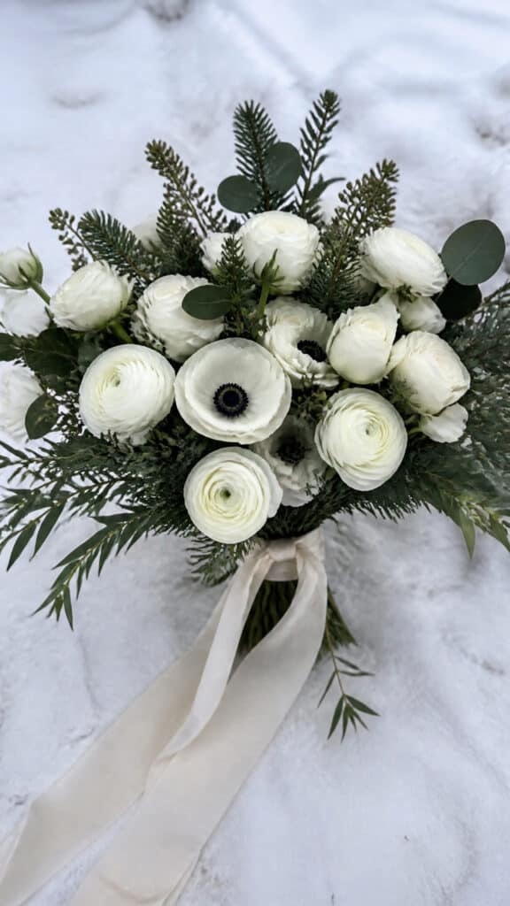 Classic Winter White Bouquet with Evergreen Accents