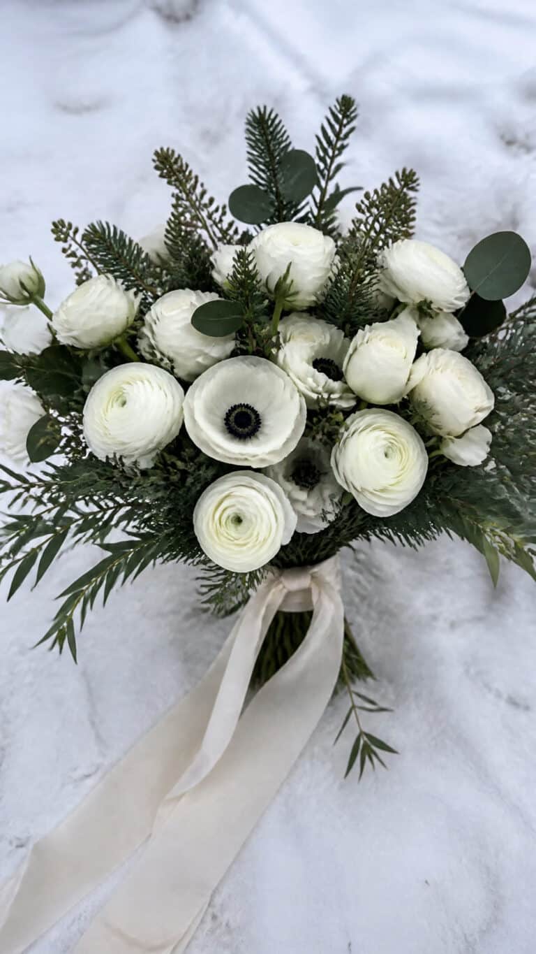 Classic Winter White Bouquet with Evergreen Accents