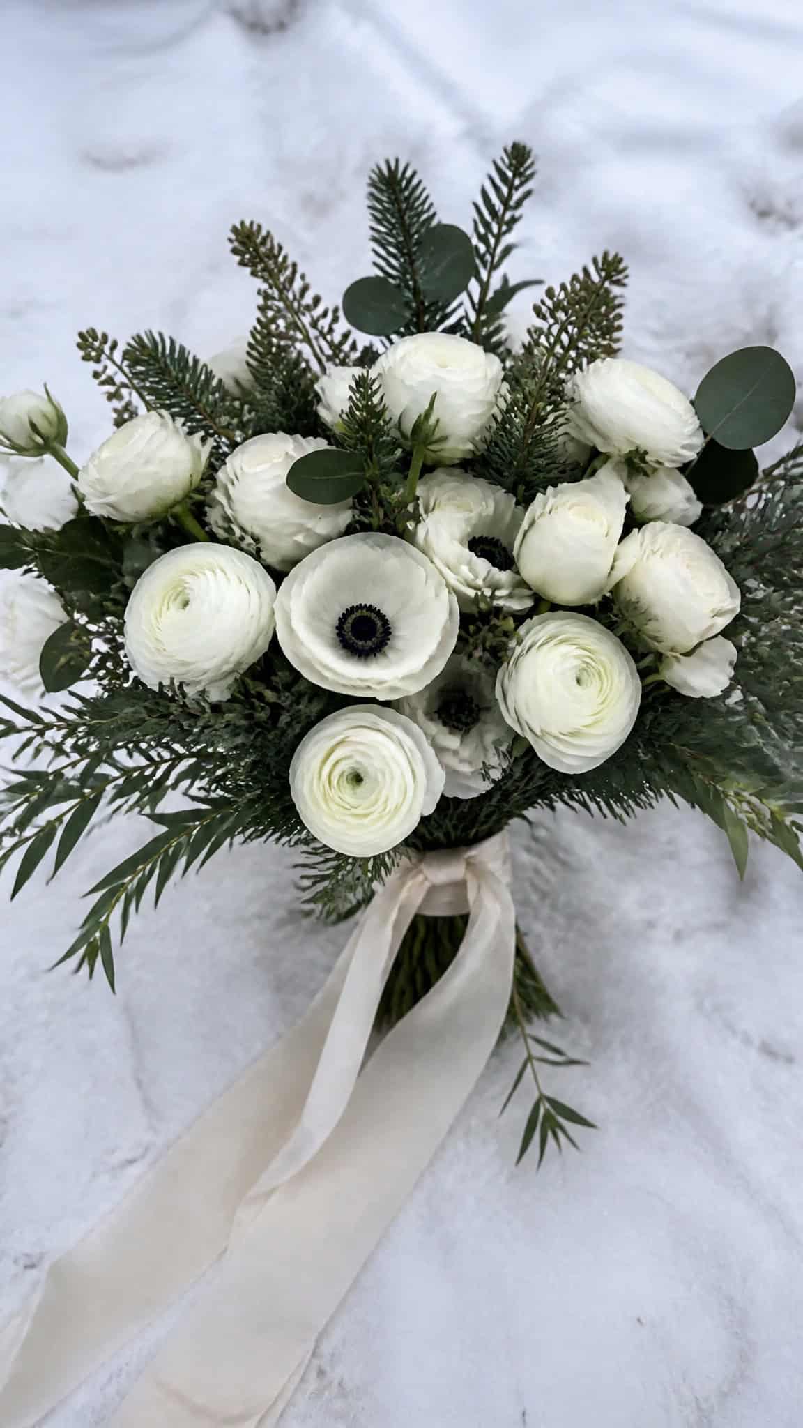 Classic Winter White Bouquet with Evergreen Accents