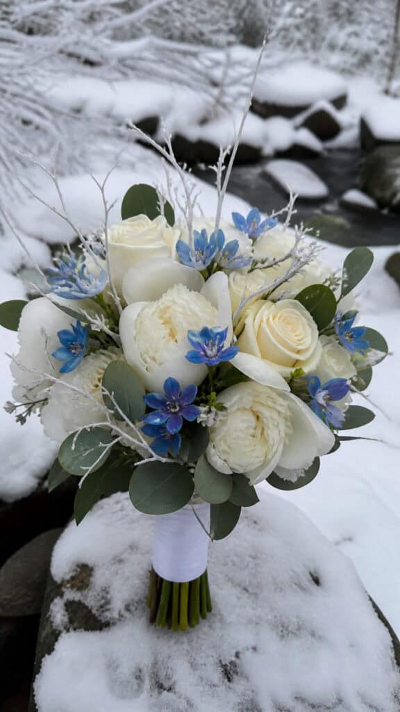 Cornflower Blue Tweedia with Snowy Branches