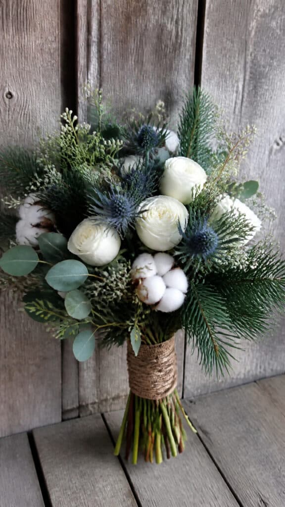 Dusty Blue Thistle with Winter Greenery