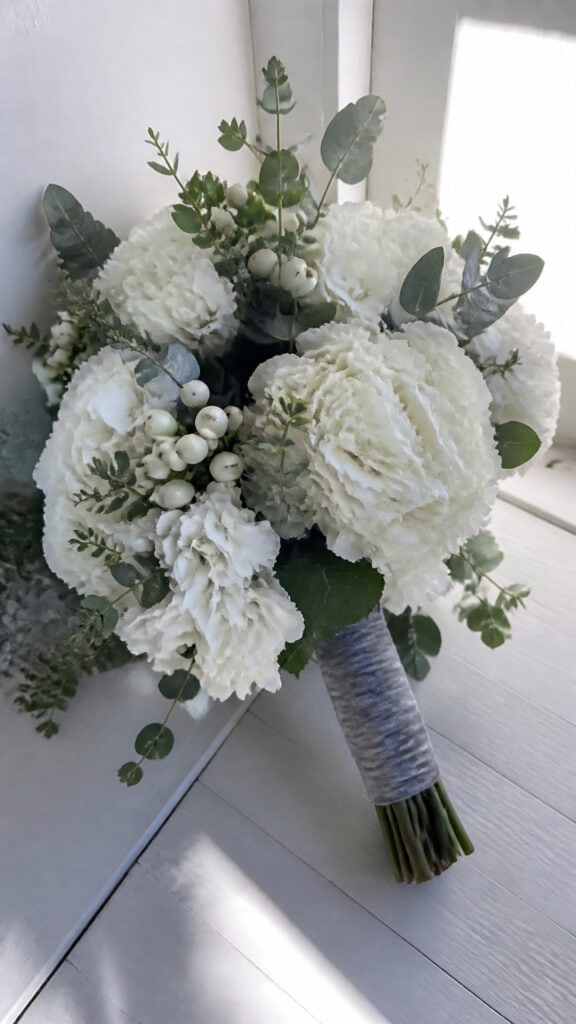 Frosted White Hydrangeas and Eucalyptus