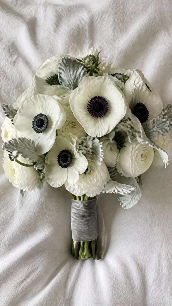White Anemones with Dusty Miller