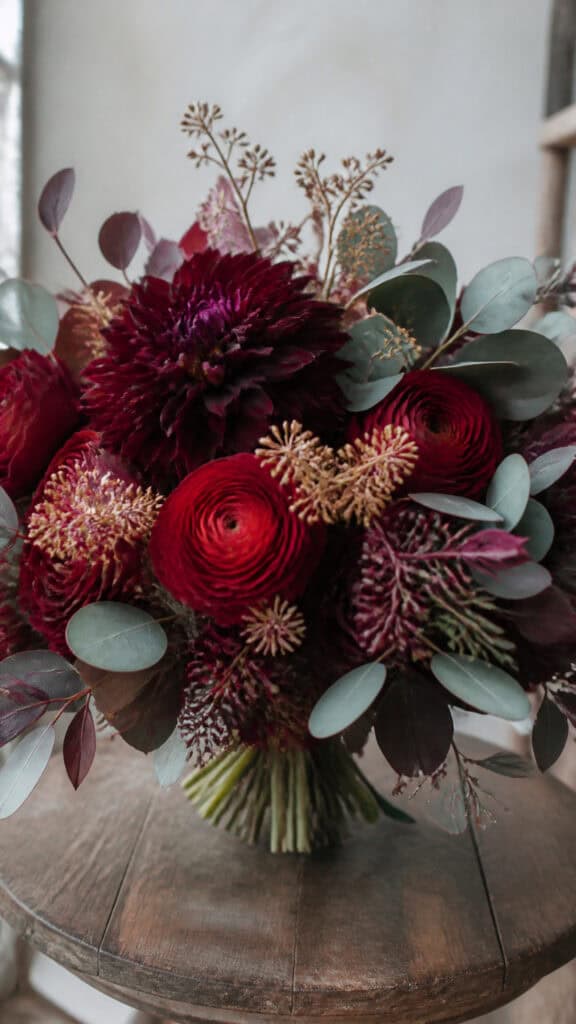 Burgundy Dahlias and Deep Red Ranunculus