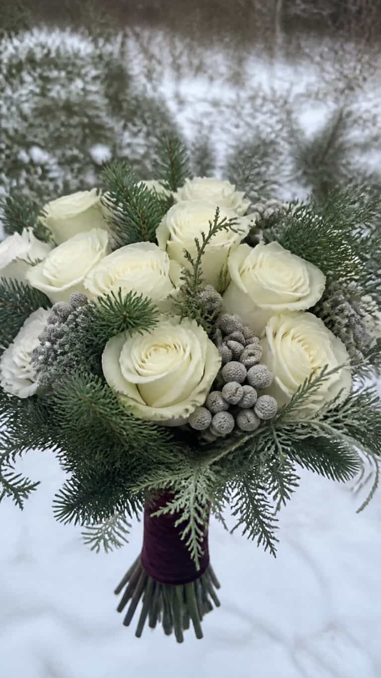 Classic White Roses with Evergreen Accents