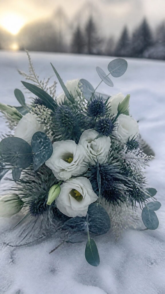 Frosted Blue Thistle and White Lisianthus
