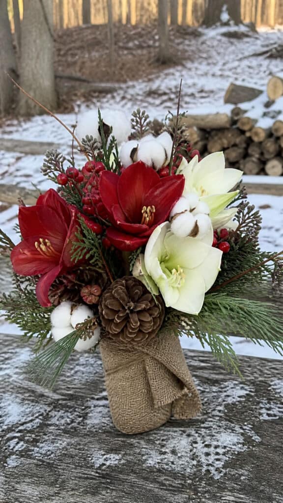 Rustic Amaryllis with Pinecones and Berries