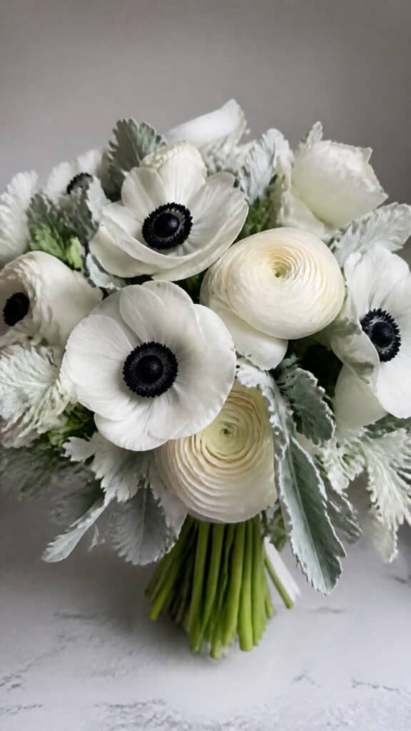 Snowy White Anemones with Black Centers